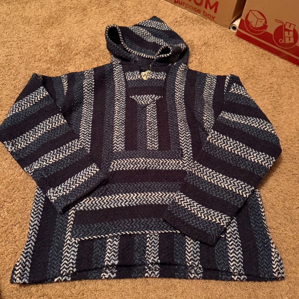 Baja Joe Mens Navy Blue Striped Drug Rug Hoodie Mexican Baja Shirt Large